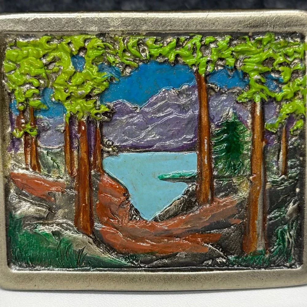 Indiana Metal Craft Vintage‎ 1996 Mountain Lake Enamel Belt Buckle Pewter Tone